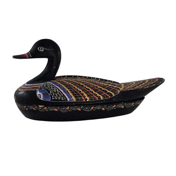 Vintage Hand Painted Lacquerware Duck Trinket Box Folk Art Large 14" - Picture 4 of 13